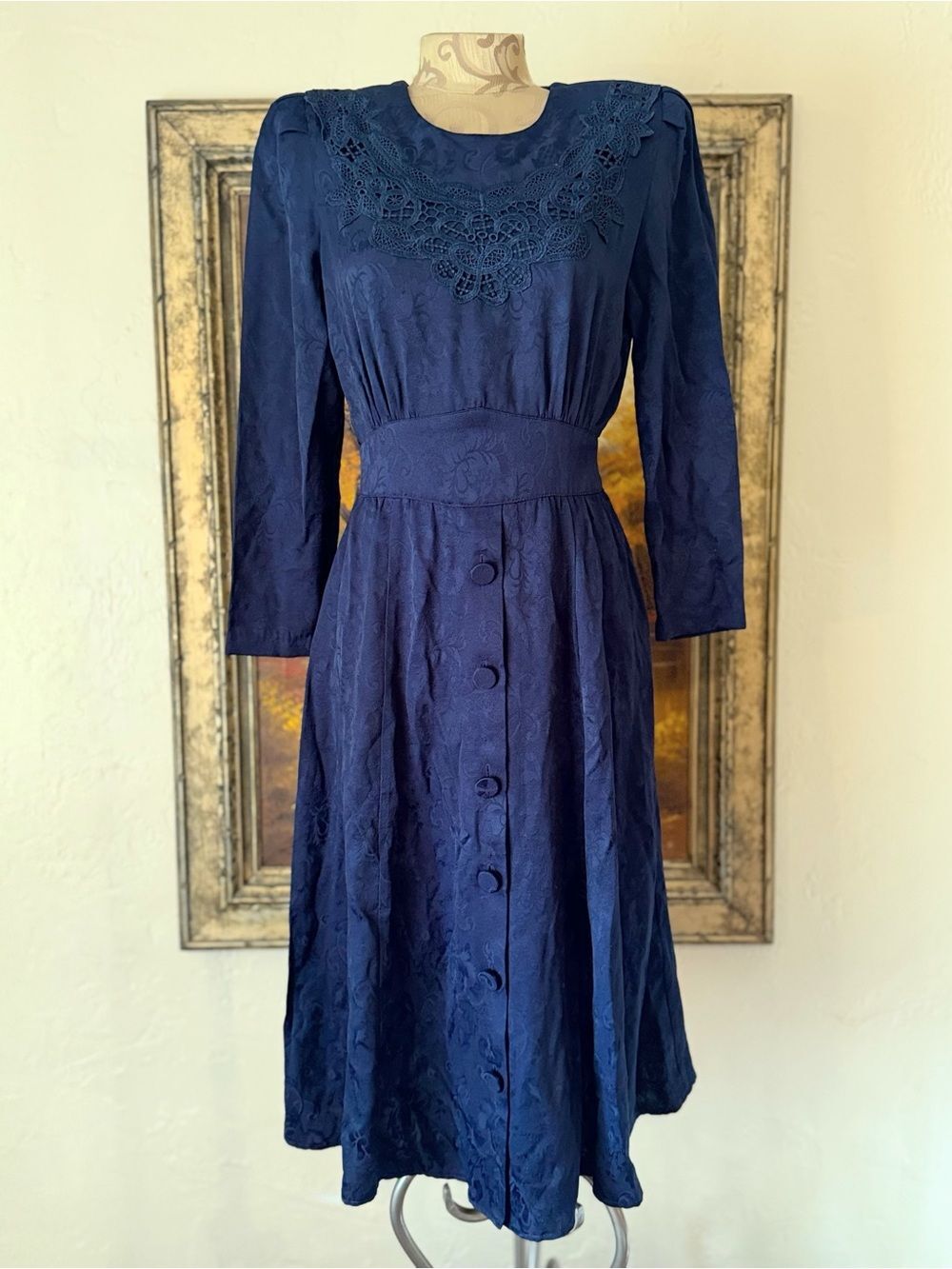 Vintage Karin Stevens Royal Blue Jacquard Lace Puff Sleeve Romantic Midi Dress